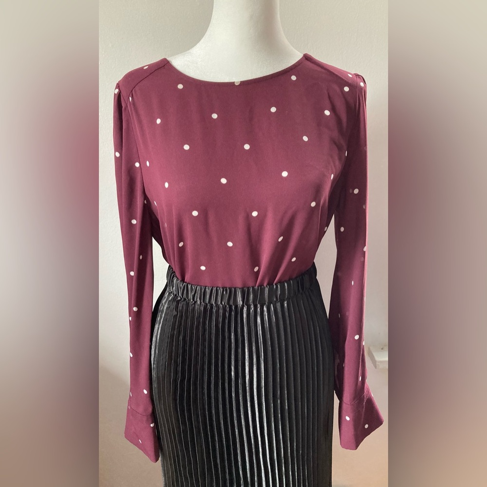 LOFT Burgundy White Polka Dot Blouse - Long Sleeve, Round Neck, Size S